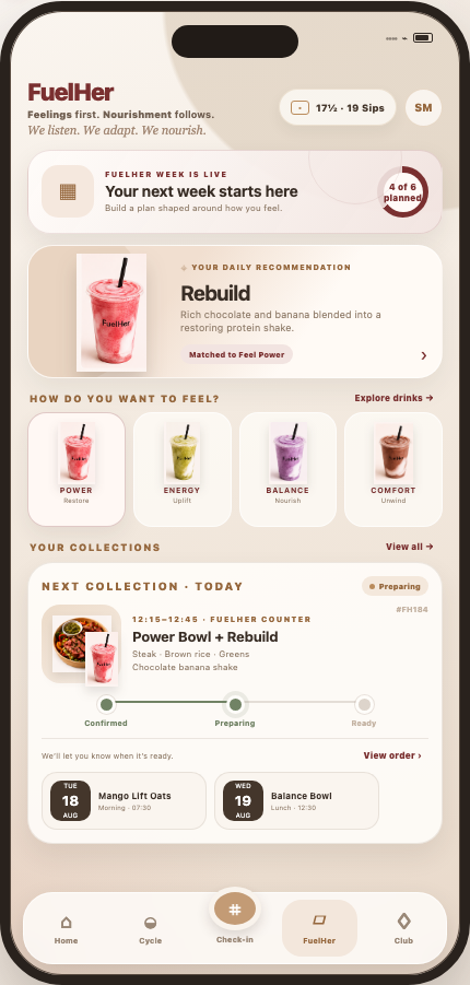 FuelHer app screen showing tailored drinks, prepared meals and collection progress