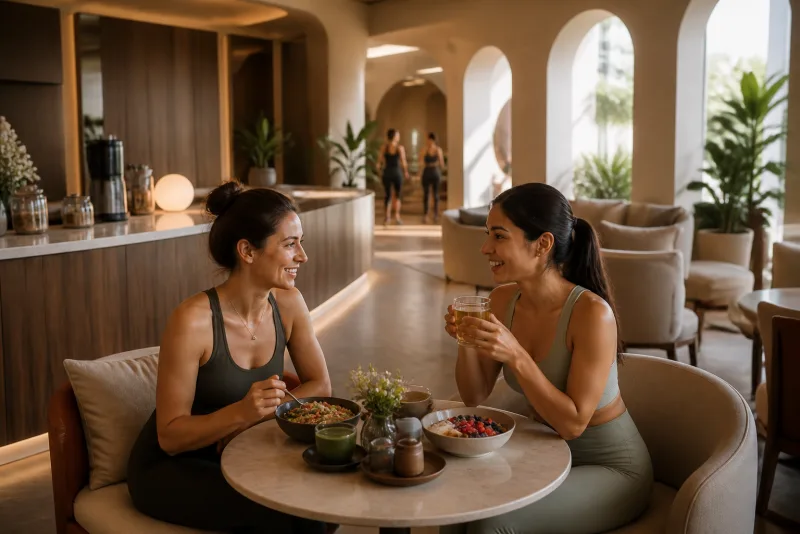 Two women sharing nourishing food in a warm club lounge
